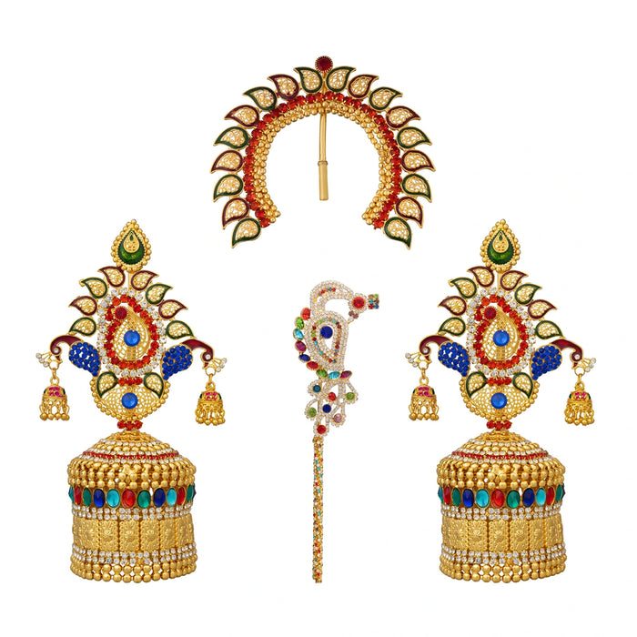 Laddu Gopal Jewellery Set - 7 X 3.25 Inches | Stone Bansuri Flute/ 3 Pcs/ Krishna Kireedam For Deity Decor - Deity Jewellery & Vastra Sets