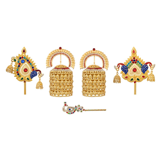 Laddu Gopal Jewellery Set - 5.25 X 3.25 Inches | Stone Bansuri Flute/ 3 Pcs/ Krishna Kireedam For Deity Decor - Deity Jewellery & Vastra Sets