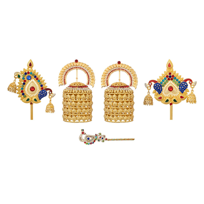 Laddu Gopal Jewellery Set - 5.25 X 3.25 Inches | Stone Bansuri Flute/ 3 Pcs/ Krishna Kireedam For Deity Decor - Deity Jewellery & Vastra Sets