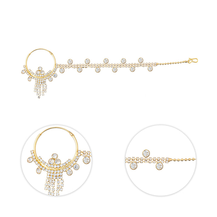 White Stone Nose Pin With Chain - 6 Inches | Nathu Bullaku/ Nose Ring/ Nose Studs For Deity Decor - Head & Face Accessories