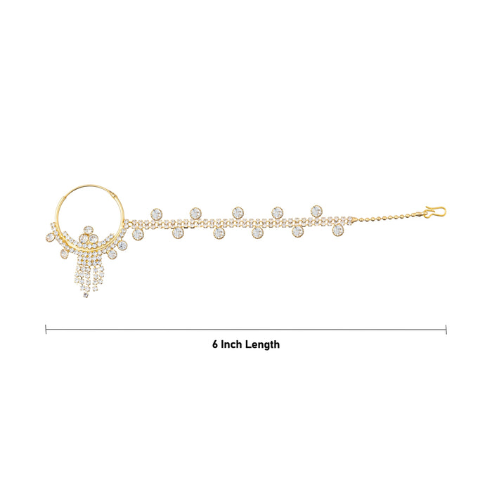 White Stone Nose Pin With Chain - 6 Inches | Nathu Bullaku/ Nose Ring/ Nose Studs For Deity Decor - Head & Face Accessories
