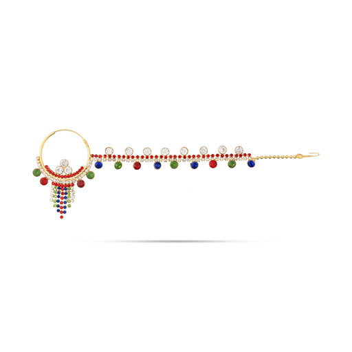 Multicolour Stone Nose Pin With Chain - 7.25 Inches | Nathu Bullaku/ Nose Ring/ Nose Studs For Deity Decor - Head & Face Accessories