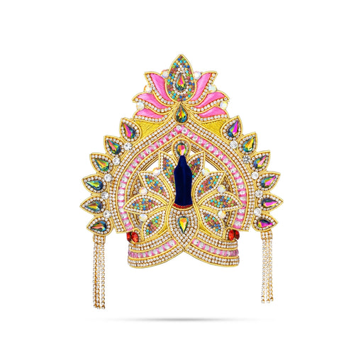 Kireedam - 5.5 X 6 Inches | Velcro Type Mukut/ Jari & Multicolour Stone Design Kiridam/ Crown For Deity Decor - Head & Face Accessories