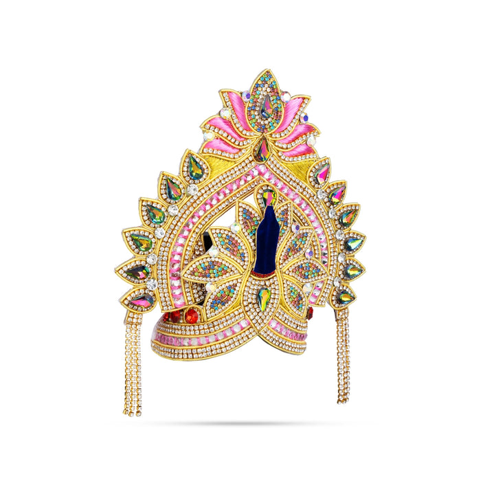 Kireedam - 5.5 X 6 Inches | Velcro Type Mukut/ Jari & Multicolour Stone Design Kiridam/ Crown For Deity Decor - Head & Face Accessories