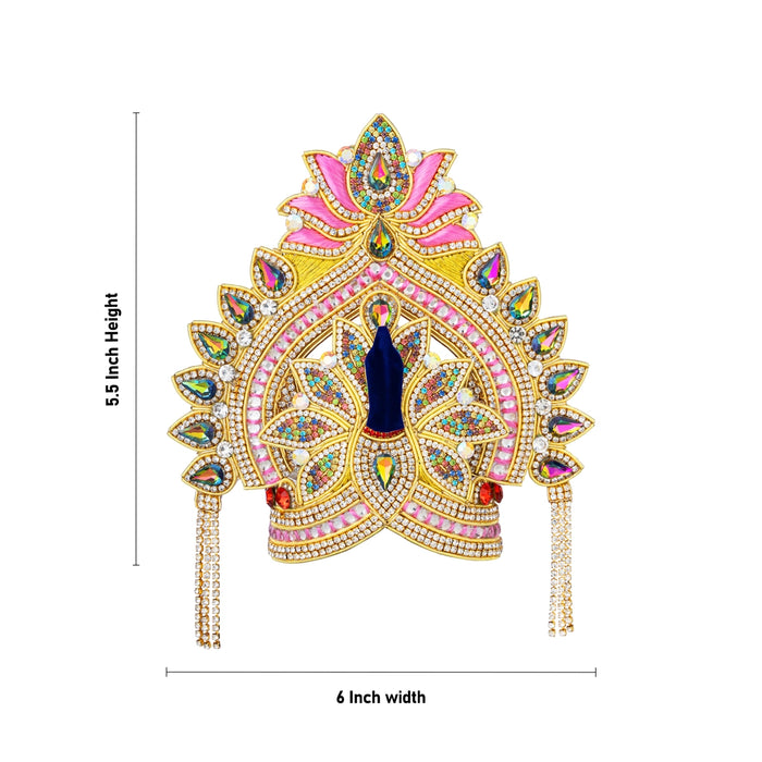 Kireedam - 5.5 X 6 Inches | Velcro Type Mukut/ Jari & Multicolour Stone Design Kiridam/ Crown For Deity Decor - Head & Face Accessories