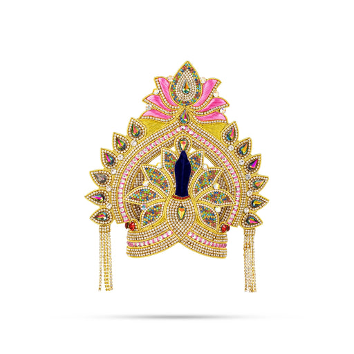 Kireedam - 6.75 X 7 Inches | Velcro Type Mukut/ Jari & Multicolour Stone Design Kiridam/ Crown For Deity Decor - Head & Face Accessories