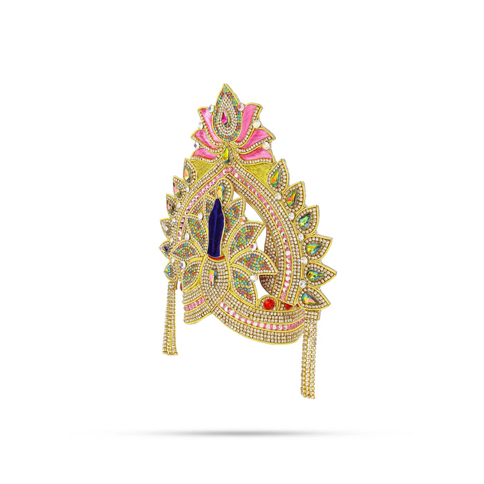 Kireedam - 6.75 X 7 Inches | Velcro Type Mukut/ Jari & Multicolour Stone Design Kiridam/ Crown For Deity Decor - Head & Face Accessories