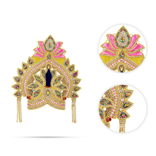Kireedam - 6.75 X 7 Inches | Velcro Type Mukut/ Jari & Multicolour Stone Design Kiridam/ Crown For Deity Decor - Head & Face Accessories