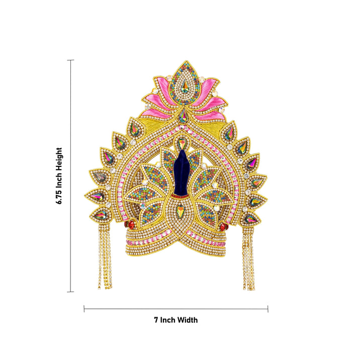 Kireedam - 6.75 X 7 Inches | Velcro Type Mukut/ Jari & Multicolour Stone Design Kiridam/ Crown For Deity Decor - Head & Face Accessories