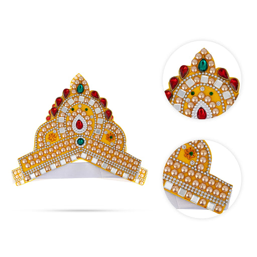 Kireedam - 5.5 X 6 Inches | Velcro Type Mukut/ Mirror & Multicolour Stone Design Kiridam/ Crown For Deity Decor - Head & Face Accessories