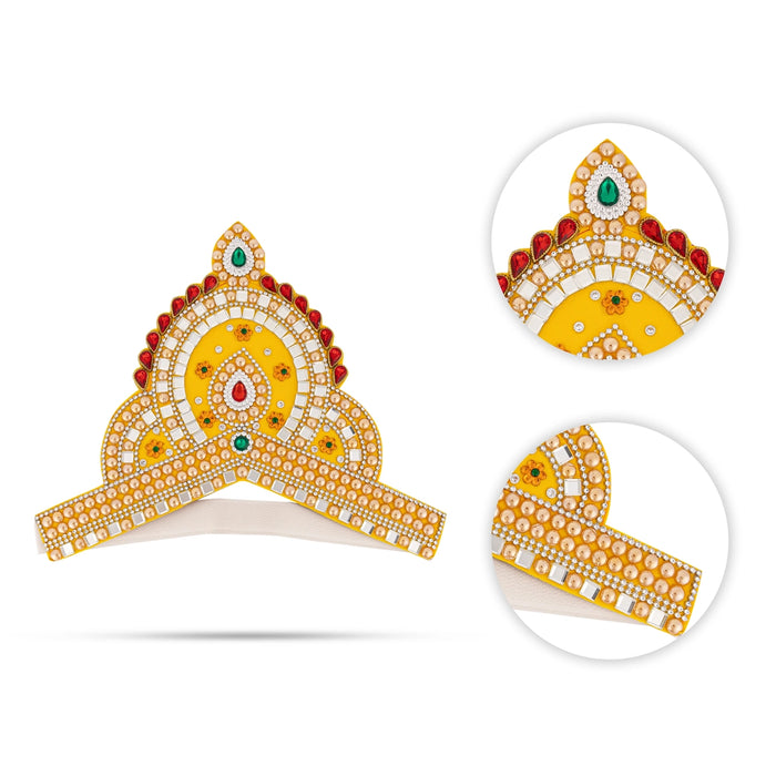 Kireedam - 8 X 10 Inches | Velcro Type Mukut/ Mirror & Multicolour Stone Design Kiridam/ Crown For Deity Decor - Head & Face Accessories