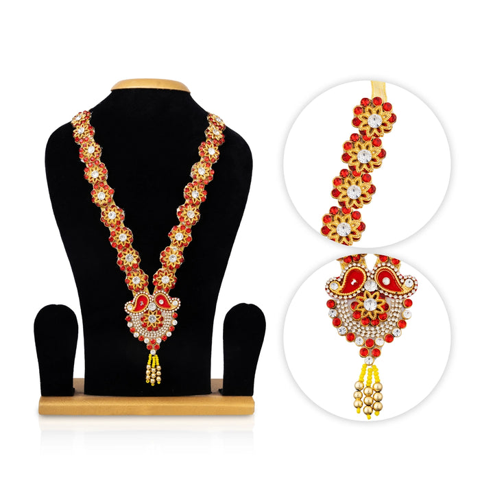 Jari Design Haram - 12 Inches | Card & Stone Necklace/ Stone Mala/ Flower Design Jewelry For Deity Decor - Neck & Body Accessories