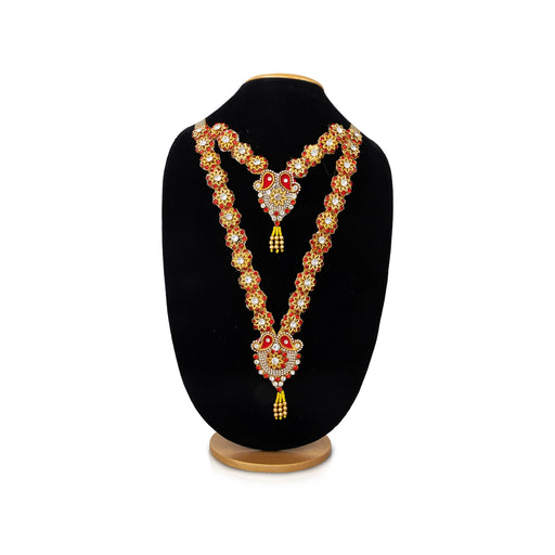 Jari Design 2 Line Haram - 14.5 Inches | Card & Stone Necklace/ Stone Mala/ Flower Design Jewelry For Deity - Neck & Body Accessories