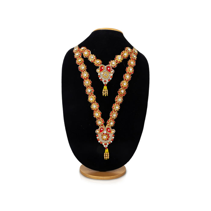 Jari Design 2 Line Haram - 14.5 Inches | Card & Stone Necklace/ Stone Mala/ Flower Design Jewelry For Deity - Neck & Body Accessories