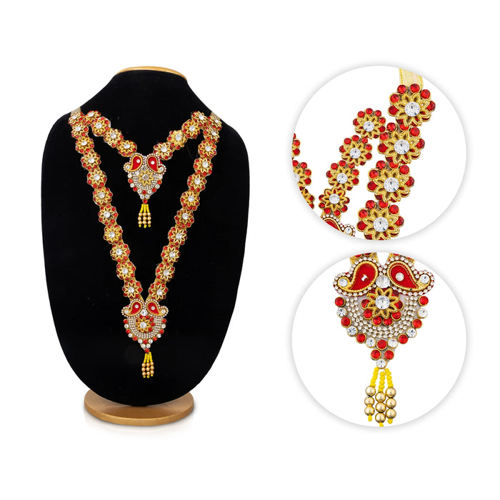 Jari Design 2 Line Haram - 14.5 Inches | Card & Stone Necklace/ Stone Mala/ Flower Design Jewelry For Deity - Neck & Body Accessories