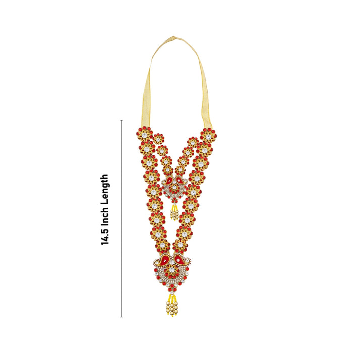 Jari Design 2 Line Haram - 14.5 Inches | Card & Stone Necklace/ Stone Mala/ Flower Design Jewelry For Deity - Neck & Body Accessories