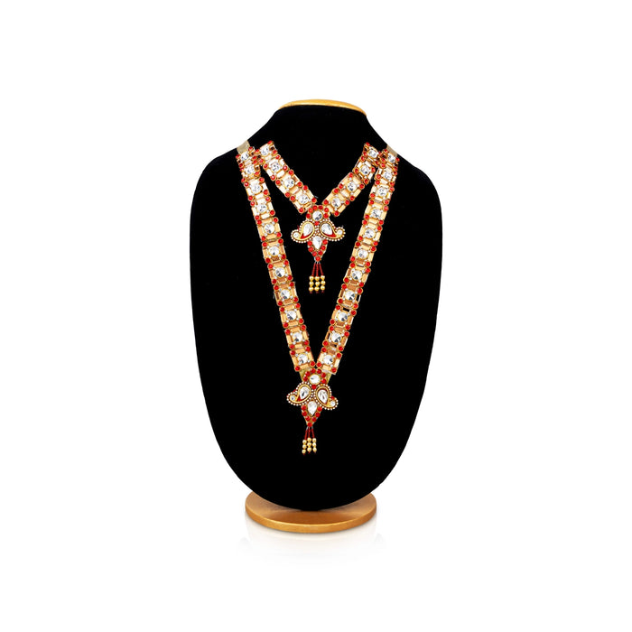 Jari Design 2 Line Haram- 13.5 Inches | Card & Stone Necklace/ Stone Mala/ Artiificial Jewelry For Deity Decor - Neck & Body Accessories