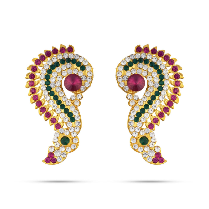 Earring Pair - 2.75 x 1.5 Inches | Multicolour Stone Karna Pathakam/ Gold Polish Stone Studs for Deity