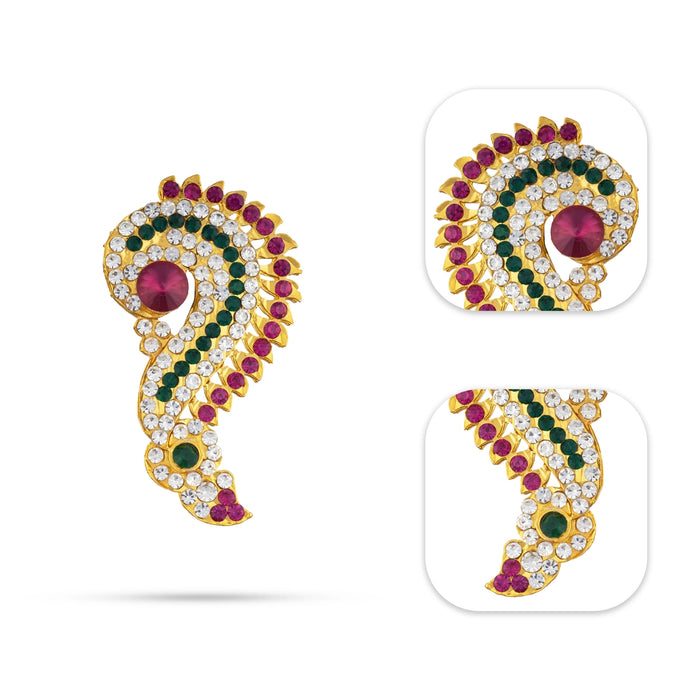 Earring Pair - 2.75 x 1.5 Inches | Multicolour Stone Karna Pathakam/ Gold Polish Stone Studs for Deity