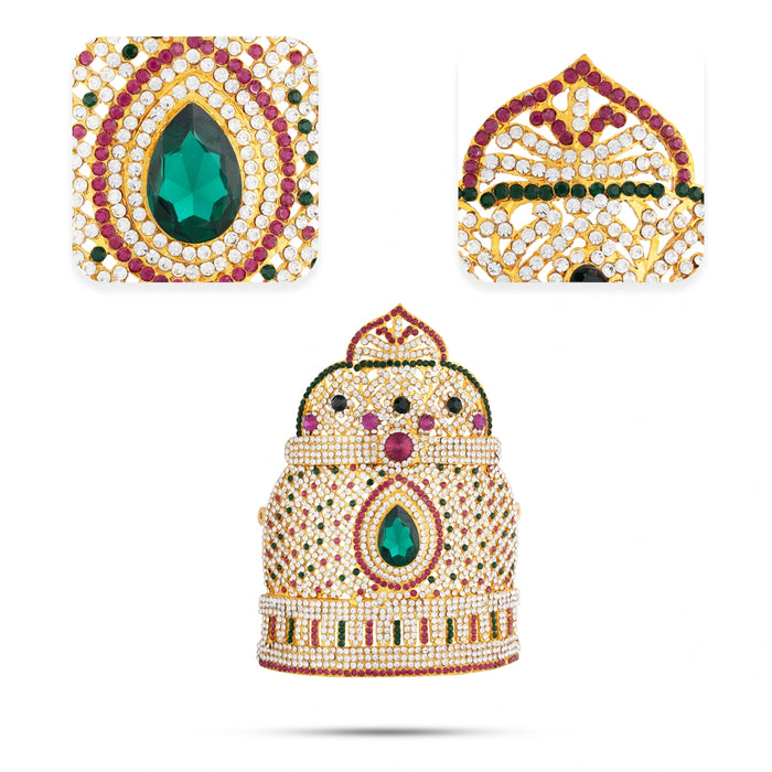 Half Kireedam - 7 x 5 Inches | Gold Polish Half Crown/ Stone Kiridam for Deity Decor - Head & Face Accessories