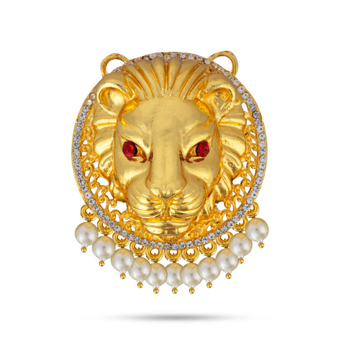 Gold Polish Pendant - 3.5 x 3 Inches | Lion Head Design Locket/ Stone & Pearls Design Dollar for Deity - Neck & Body Accessories