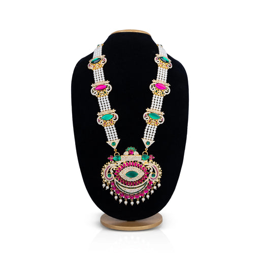 4 Line Moti Mala With Multicolour Stone Pendant - 16 Inches | White Pearl Mala/ Artificial Jewelry for Deity - Neck & Body Accessories