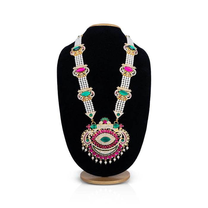 4 Line Moti Mala With Multicolour Stone Pendant - 16 Inches | White Pearl Mala/ Artificial Jewelry for Deity - Neck & Body Accessories