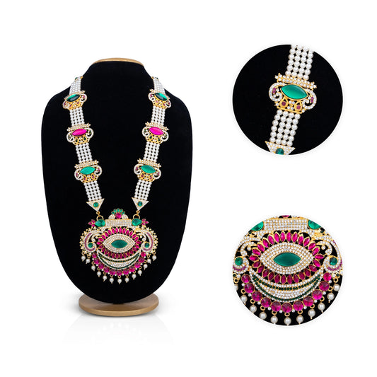 4 Line Moti Mala With Multicolour Stone Pendant - 16 Inches | White Pearl Mala/ Artificial Jewelry for Deity - Neck & Body Accessories