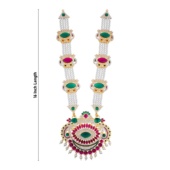 4 Line Moti Mala With Multicolour Stone Pendant - 16 Inches | White Pearl Mala/ Artificial Jewelry for Deity - Neck & Body Accessories