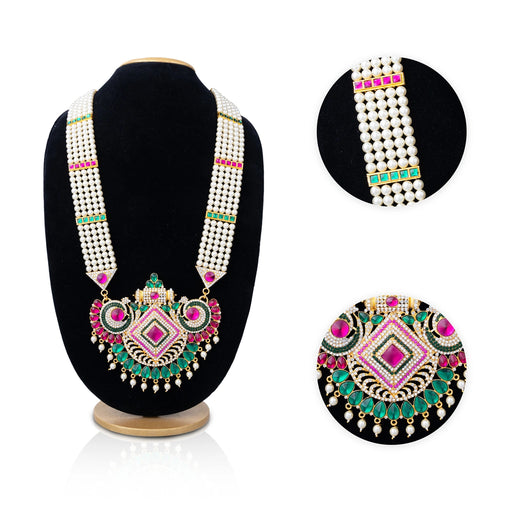 5 Line Moti Mala With Multicolour Stone Pendant - 17 Inches | White Pearl Mala/ Artificial Jewelry for Deity - Neck & Body Accessories