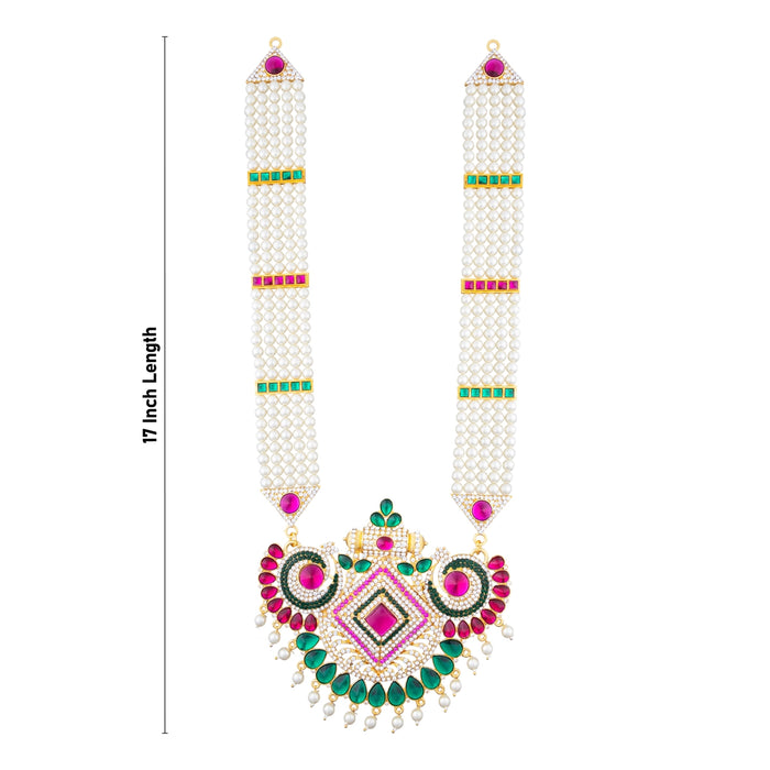 5 Line Moti Mala With Multicolour Stone Pendant - 17 Inches | White Pearl Mala/ Artificial Jewelry for Deity - Neck & Body Accessories