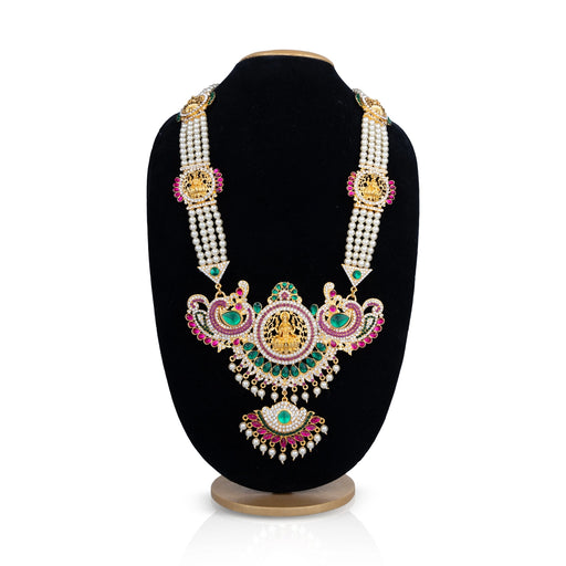 4 Line Moti Mala With Multicolour Stone Pendant - 18 Inches | Mahalakshmi Design Pearl Mala/ Jewelry for Deity - Neck & Body Accessories