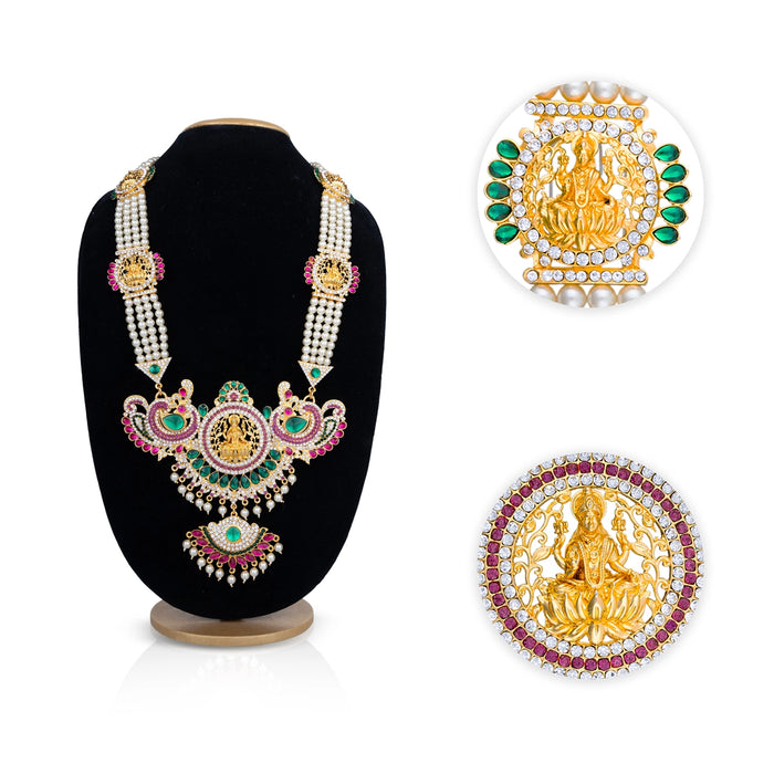 4 Line Moti Mala With Multicolour Stone Pendant - 18 Inches | Mahalakshmi Design Pearl Mala/ Jewelry for Deity - Neck & Body Accessories