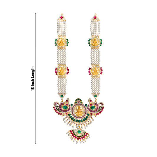 4 Line Moti Mala With Multicolour Stone Pendant - 18 Inches | Mahalakshmi Design Pearl Mala/ Jewelry for Deity - Neck & Body Accessories