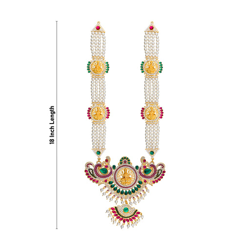 4 Line Moti Mala With Multicolour Stone Pendant - 18 Inches | Mahalakshmi Design Pearl Mala/ Jewelry for Deity - Neck & Body Accessories