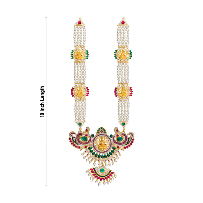 4 Line Moti Mala With Multicolour Stone Pendant - 18 Inches | Mahalakshmi Design Pearl Mala/ Jewelry for Deity - Neck & Body Accessories