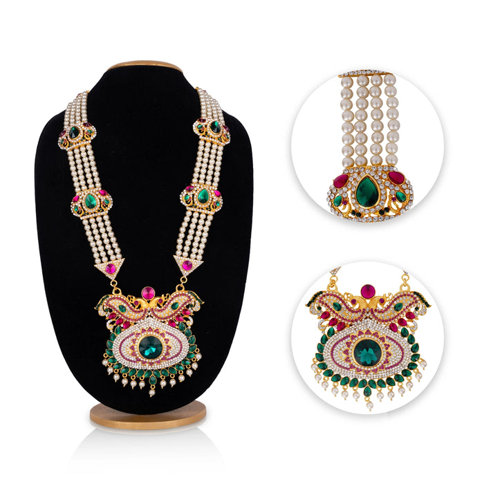 Stone Haram With Pendant - 16 Inches | 4 Line Moti Haram/ Multicolour Stone Artificial Jewelry for Deity - Neck & Body Accessories