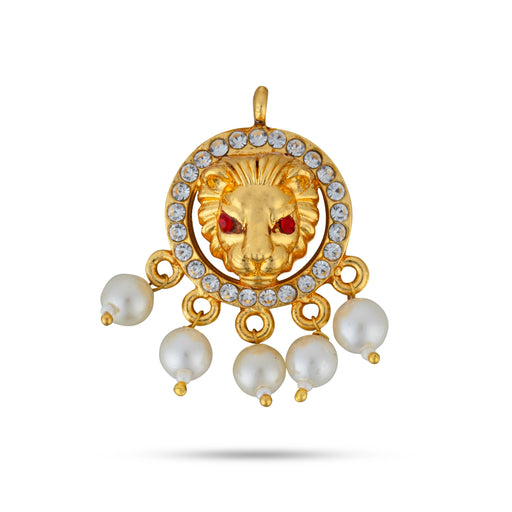 Gold Polish Pendant - 1.75 x 1 Inches | Lion Head Design Locket/ Stone & Pearls Design Dollar for Deity - Neck & Body Accessories