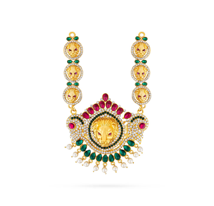 Stone Necklace & Stone Haram Pair - 13 Inches | Lion Design Artificial Jewelry/ Jewellery for Deity - Neck & Body Accessories