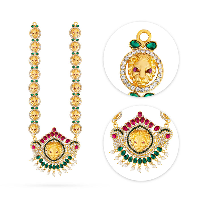 Stone Necklace & Stone Haram Pair - 13 Inches | Lion Design Artificial Jewelry/ Jewellery for Deity - Neck & Body Accessories
