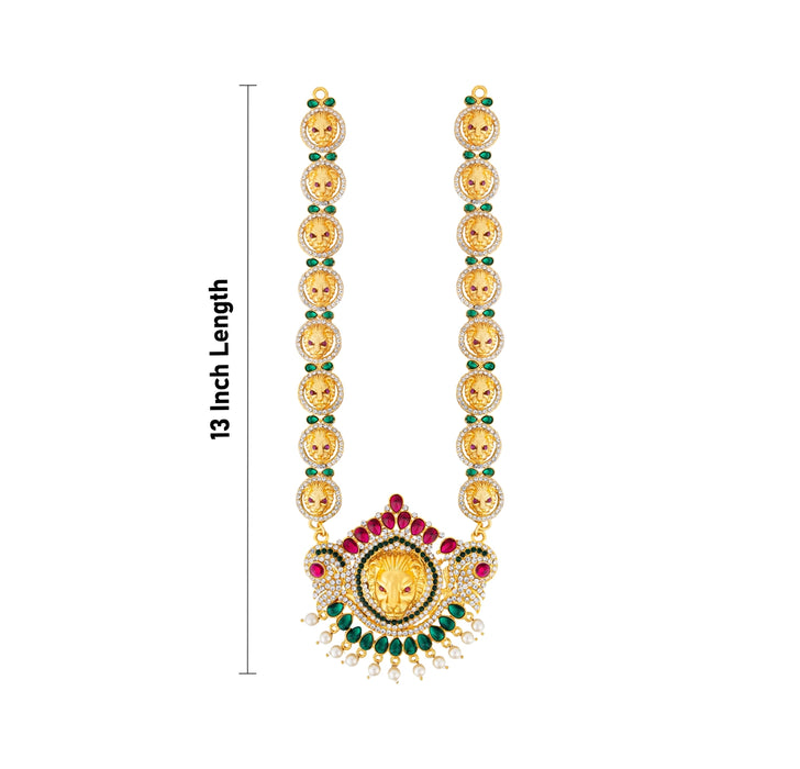 Stone Necklace & Stone Haram Pair - 13 Inches | Lion Design Artificial Jewelry/ Jewellery for Deity - Neck & Body Accessories