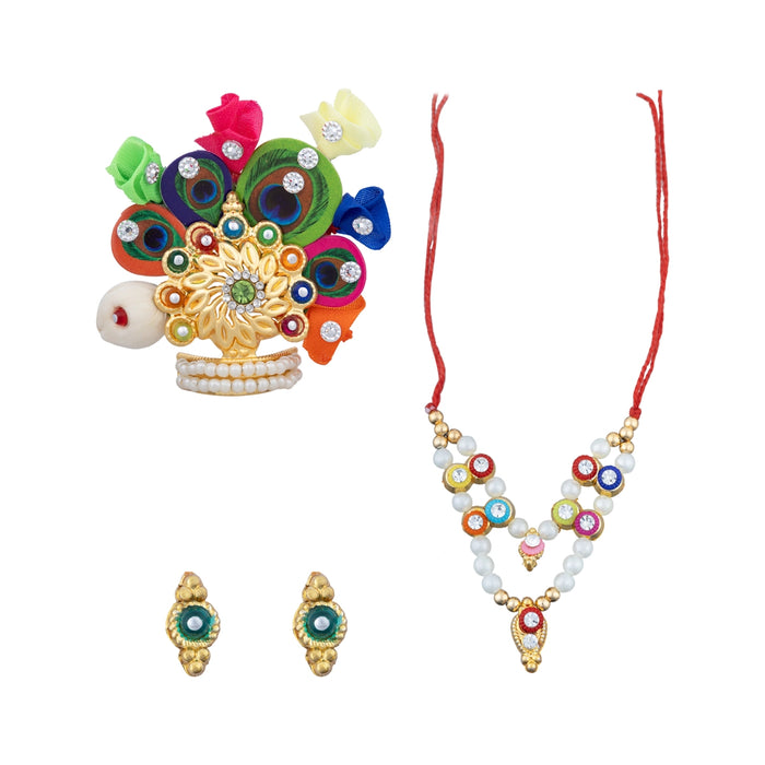 Krishna Crown & Necklace & Earring Set | Artificial Jewelry/Kireedam&Moti Mala/Laddu Gopal Jewellery for Deity - Deity Jewellery & Vastra Sets