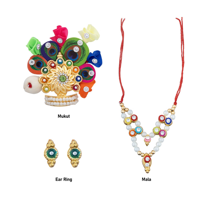 Krishna Crown & Necklace & Earring Set | Artificial Jewelry/Kireedam&Moti Mala/Laddu Gopal Jewellery for Deity - Deity Jewellery & Vastra Sets