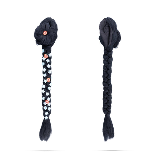 Artificial Hair- 15 X 3 Inches | Stone& Flower Decorated Radha Hair/Radha Choti/Synthetic Hair For Deity Decor - Head & Face Accessories