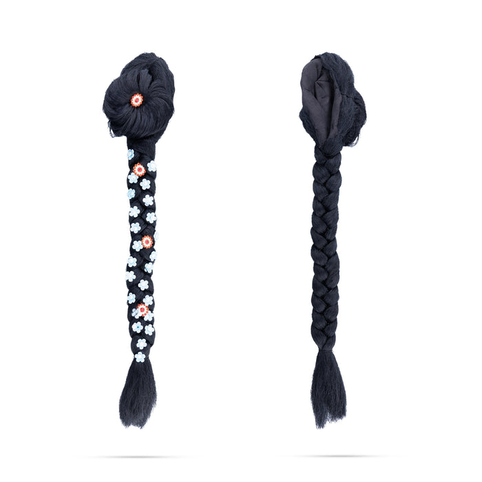Artificial Hair- 15 X 3 Inches | Stone& Flower Decorated Radha Hair/Radha Choti/Synthetic Hair For Deity Decor - Head & Face Accessories
