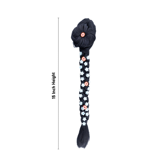 Artificial Hair- 15 X 3 Inches | Stone& Flower Decorated Radha Hair/Radha Choti/Synthetic Hair For Deity Decor - Head & Face Accessories