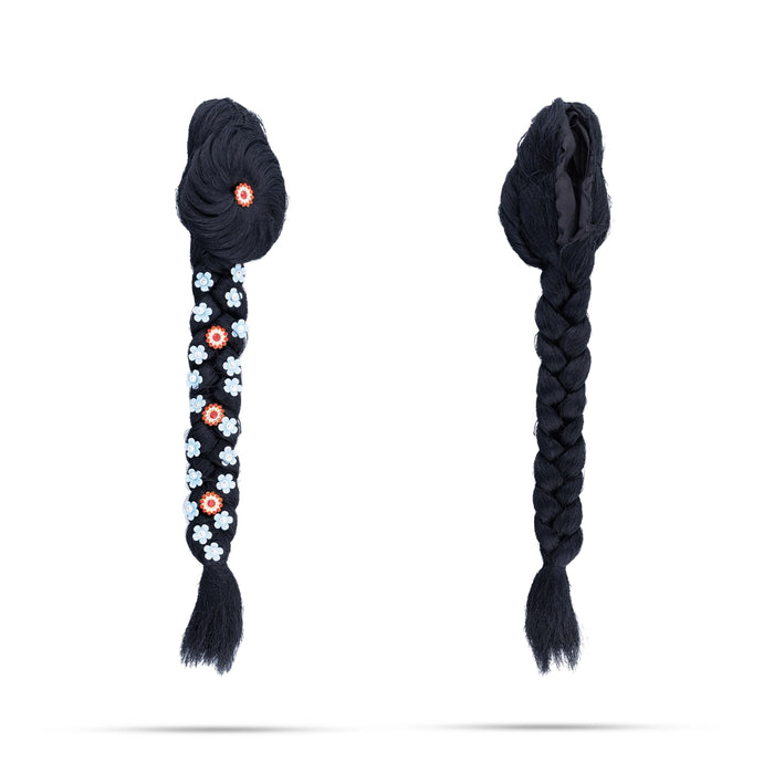 Artificial Hair- 13 X 2.5 Inches | Stone& Flower Decorated Radha Hair/Radha Choti/Synthetic Hair For Deity Decor - Head & Face Accessories
