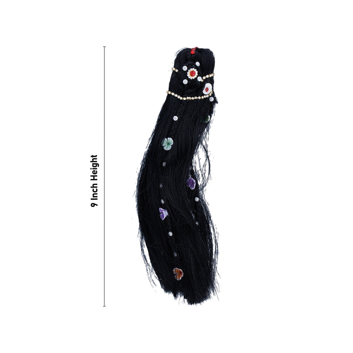 Artificial Hair- 9 X 2.5 Inches | Stone& Flower Decorated Radha Hair/Radha Choti/Synthetic Hair For Deity Decor - Head & Face Accessories