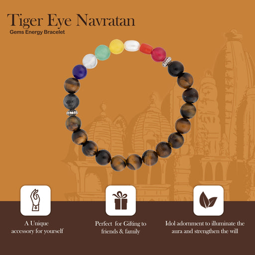 Tiger Eye Navaratna Stone Bracelet - 2.5 Inches | Navratna Bracelet/ Semi Precious Stone Bracelet for Prosperity - Bracelet