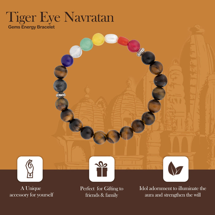 Tiger Eye Navaratna Stone Bracelet - 2.5 Inches | Navratna Bracelet/ Semi Precious Stone Bracelet for Prosperity - Bracelet